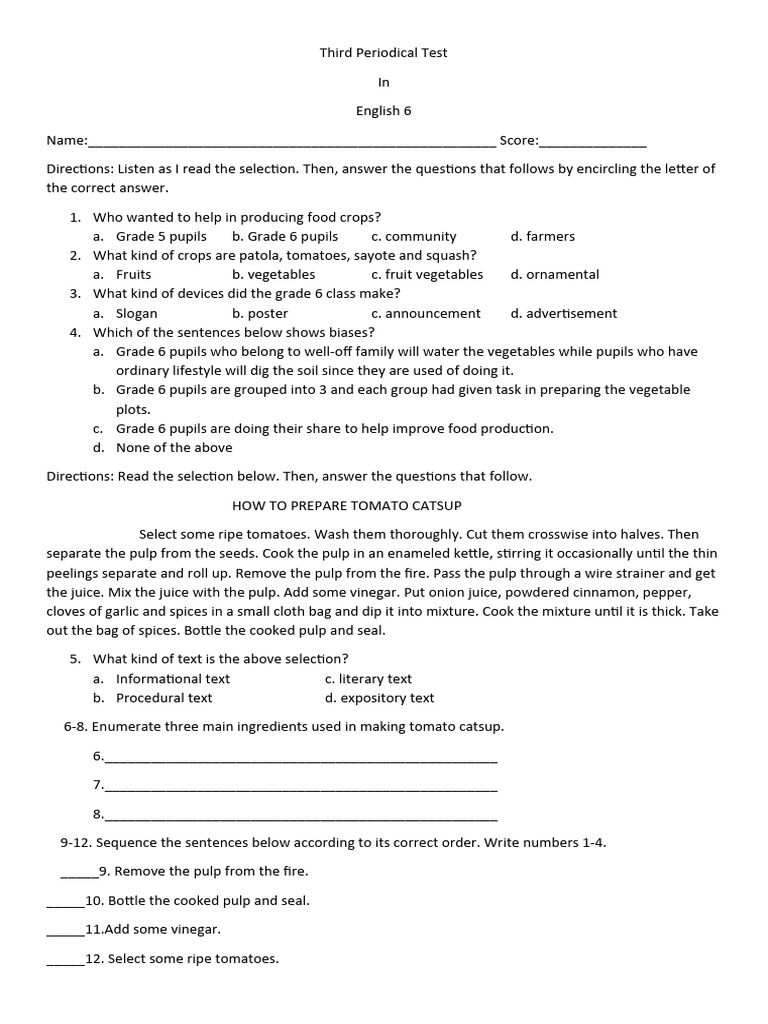 English 6 Third Periodical Test | PDF | Vegetables | Fruit