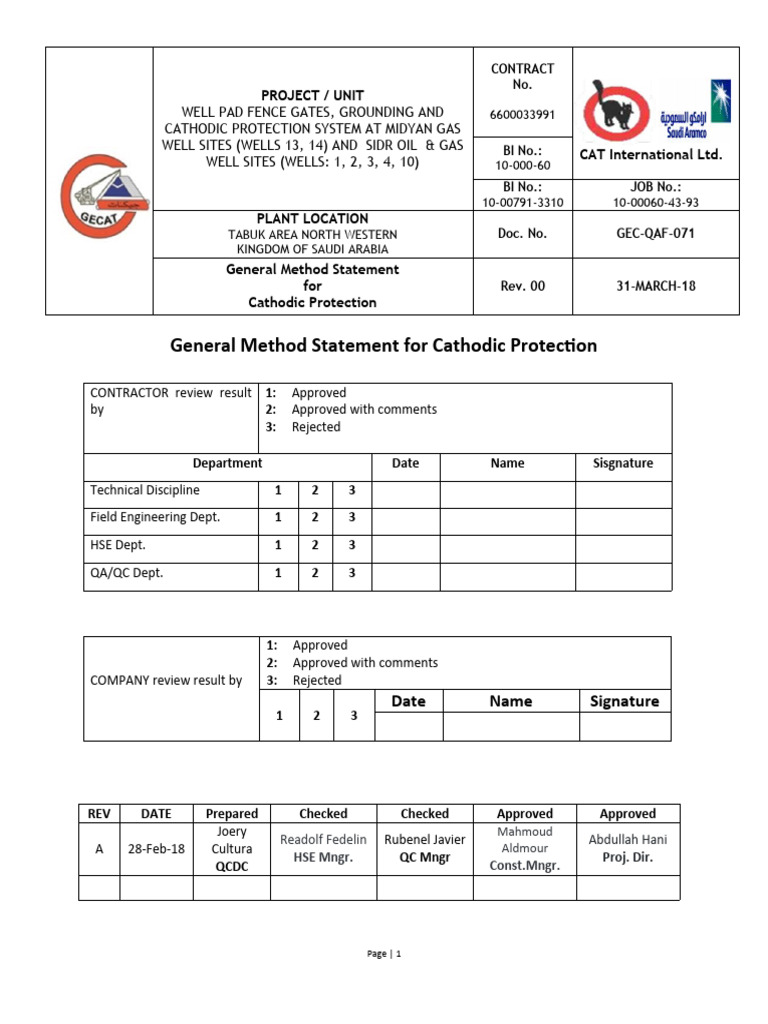 Cathodic Protection Method Statement | PDF | Casing (Borehole) | Anode