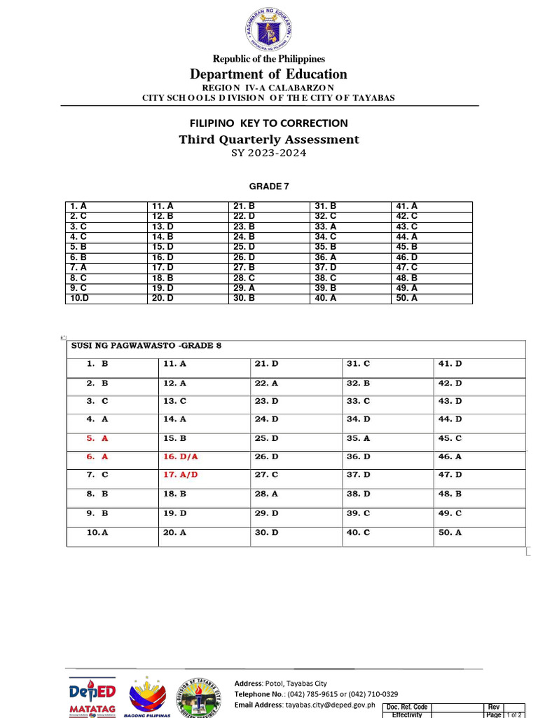 Q3 Fiipino Key To Correction Secondary | PDF | Philippines