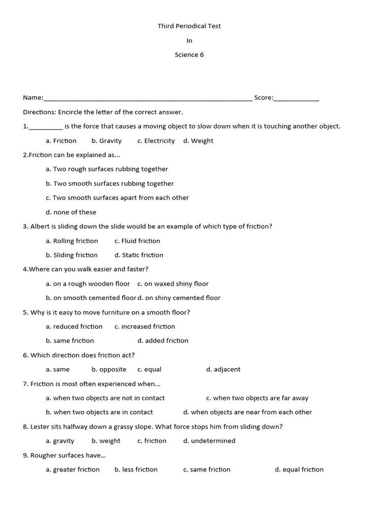 Third Periodical Test in Sci6 | PDF | Friction | Force