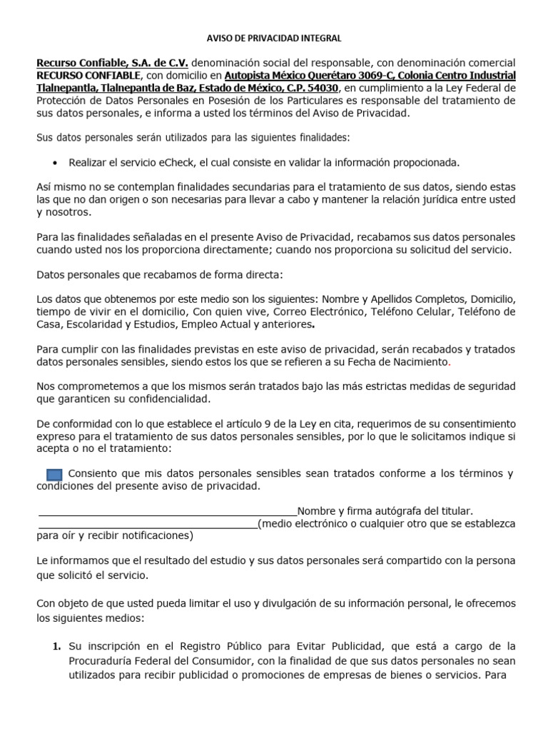 Aviso de privacidad echeck 2024 pdf privacidad justicia