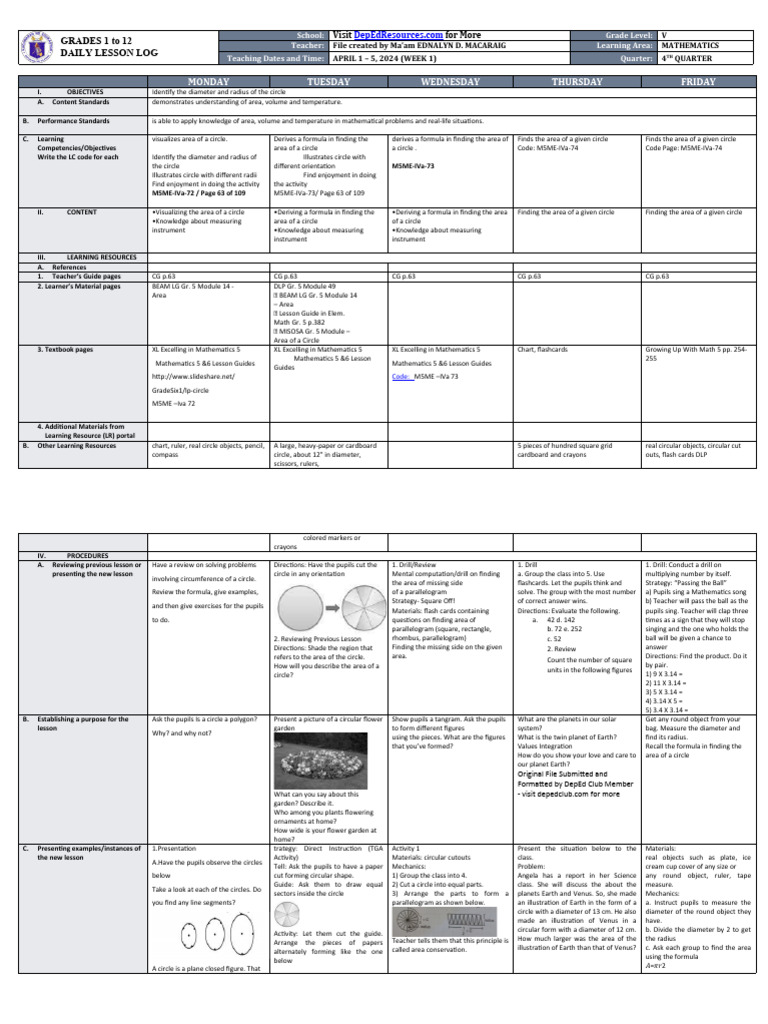 DLL - Mathematics 5 - Q4 - W1 | PDF | Area | Circle