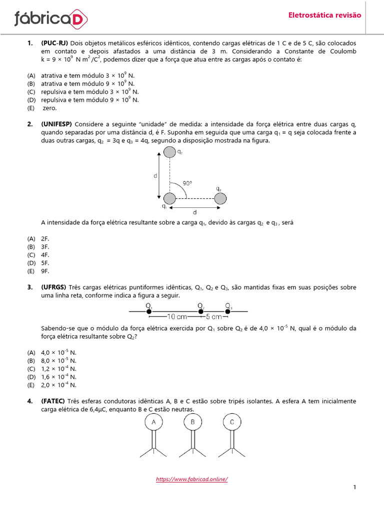 Questões de Eletrostática para Revisão | PDF | Carga elétrica ...