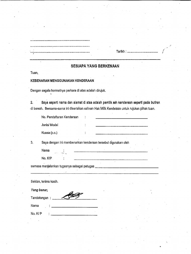 Contoh Surat Kebenaran Menggunakan Kenderaan (28.02.2023) | PDF