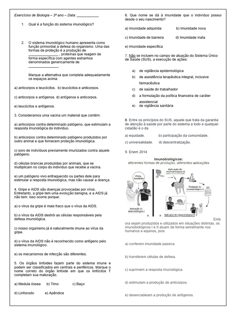 Exercícios sobre Sistema Imunológico 7º Ano | PDF | Sistema imunológico ...