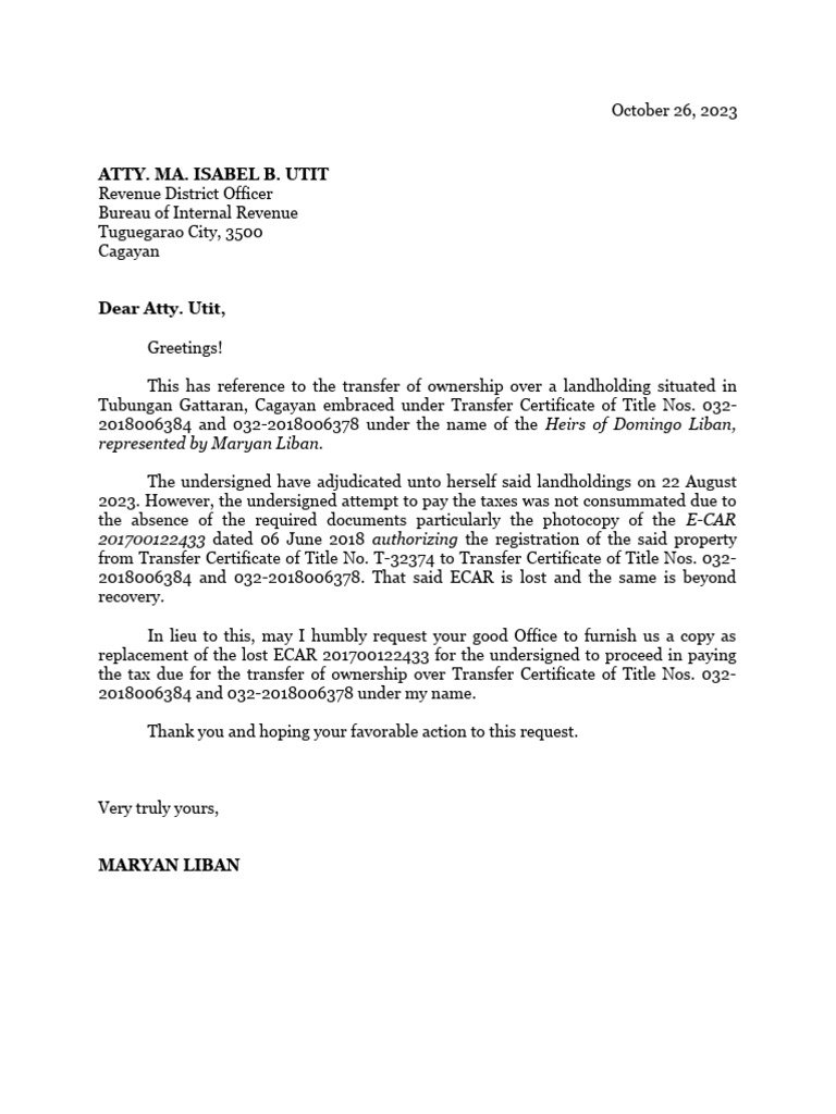 Request for Replacement E-CAR Document | PDF