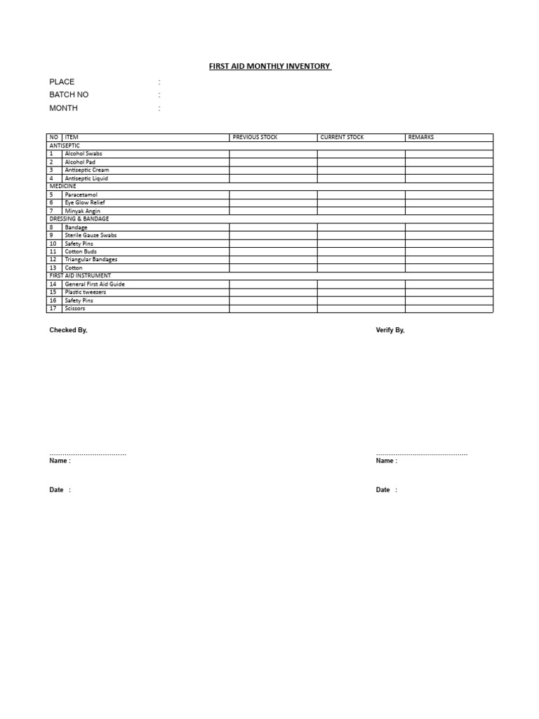 First Aid Monthly Inventory Checklist | PDF