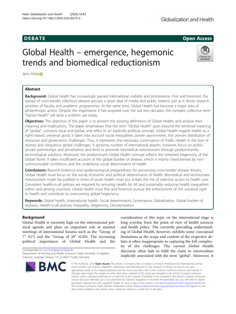 Global health emergence hegemonic trends and biomedical reductionism