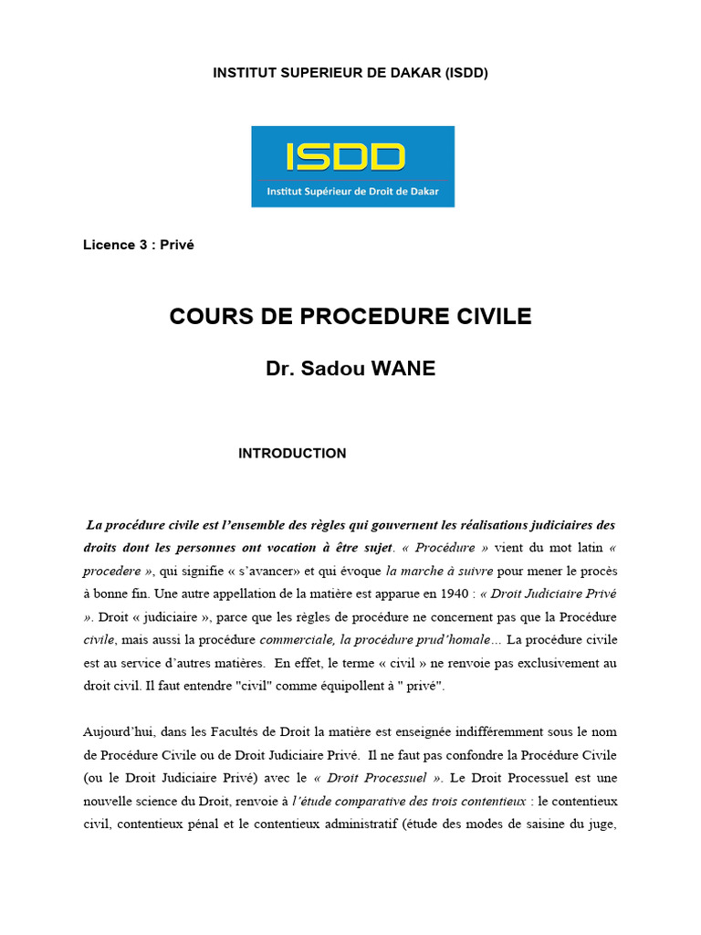 Cours de Procédure Civile - ISDD | PDF | Arbitrage | Médiation