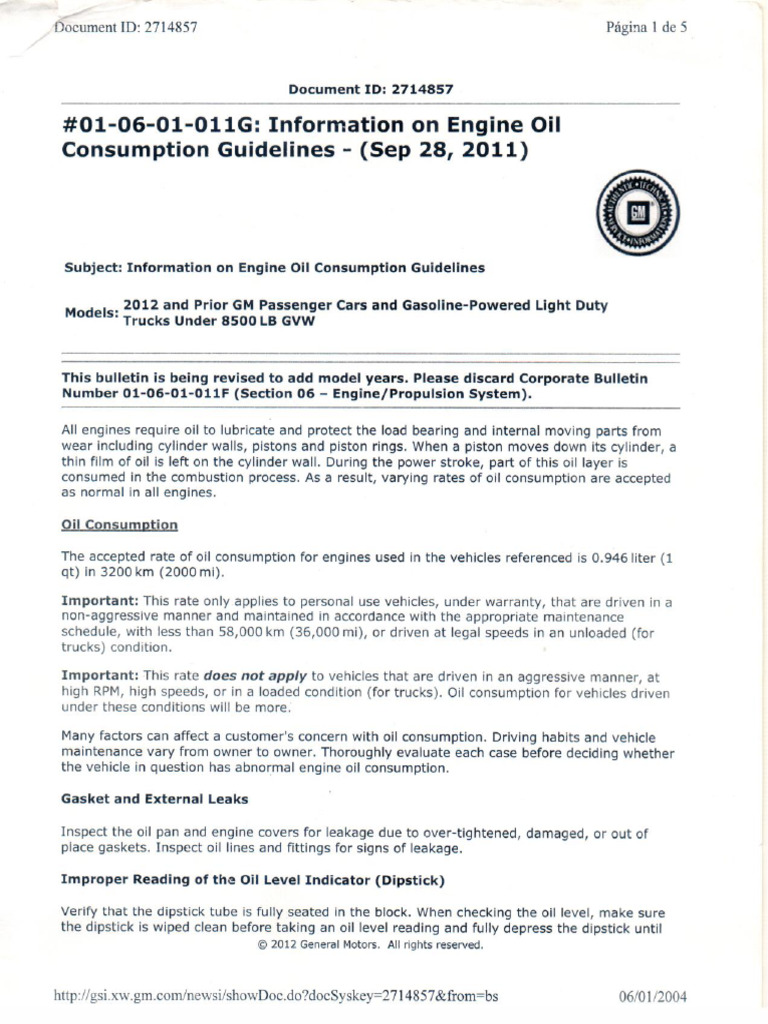 Information On Engine Oil Consumption Guidelines GM PDF