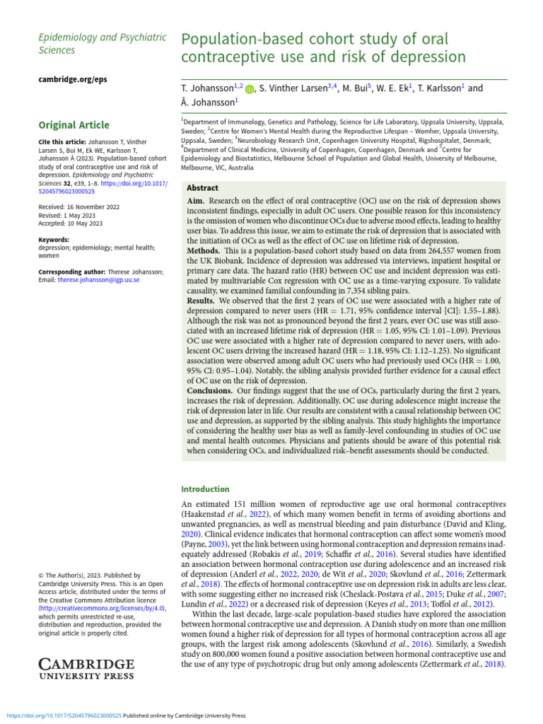 Population Based Cohort Study of Oral Contraceptive Use and Risk of Depression PDF Major