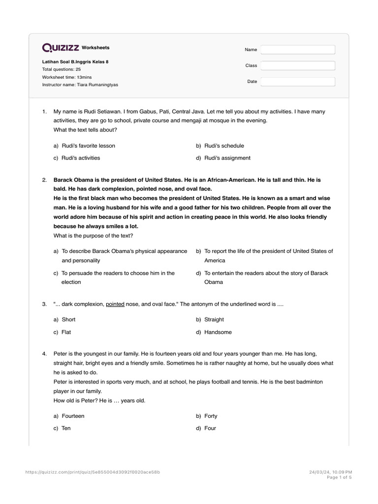 Latihan soal b inggris kelas 8 quizizz pdf