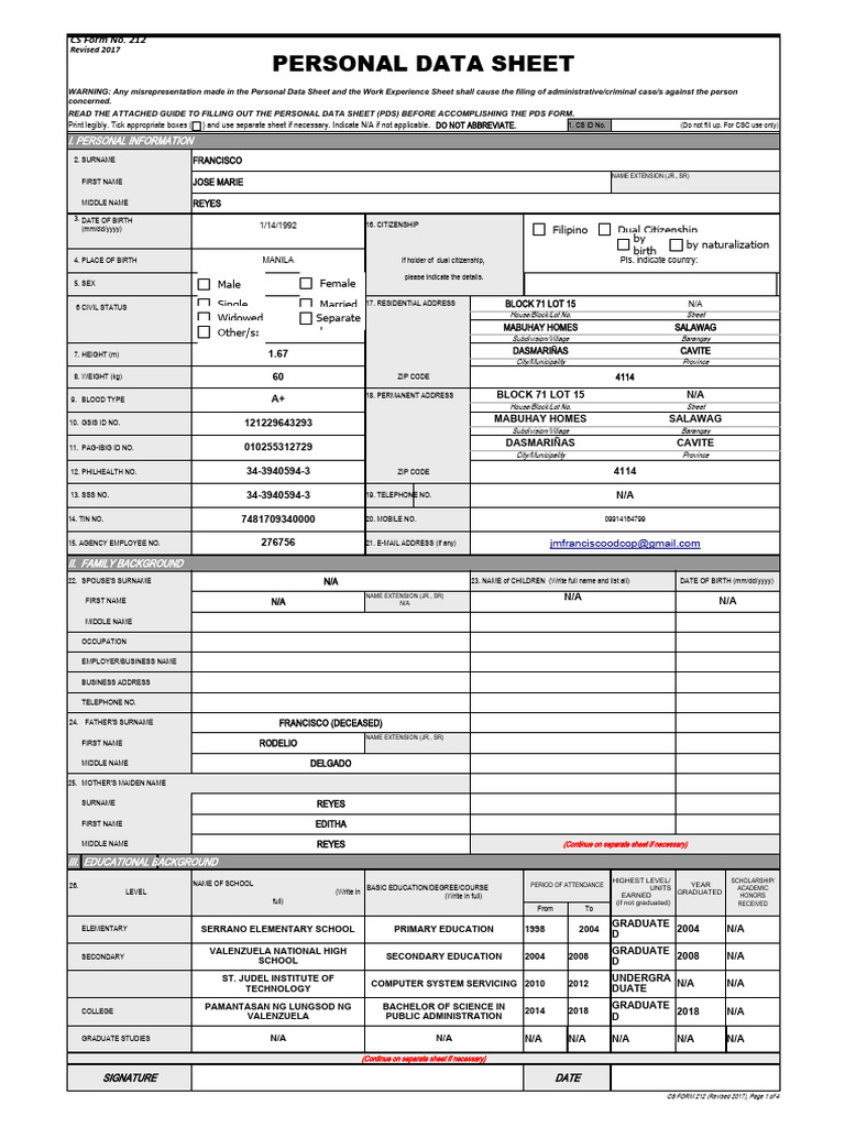 Personal Data Sheet Instructions | PDF