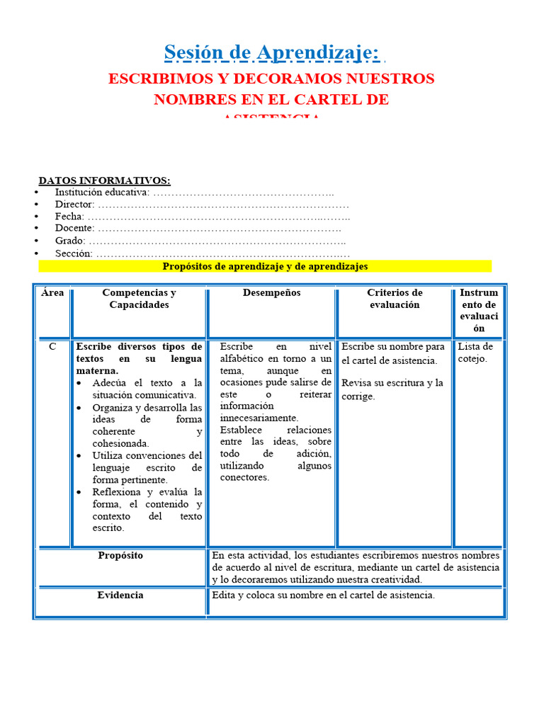 Nombres en el Cartel de Asistencia | PDF