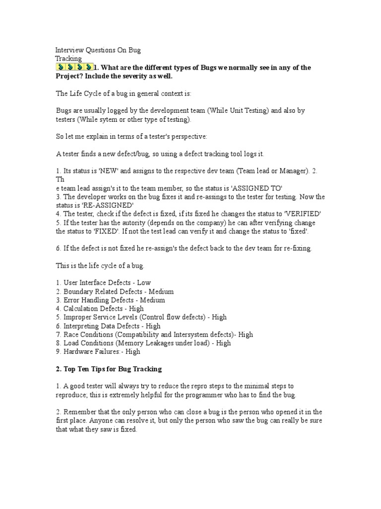 Interview Questions On Bug Tracking Pdf Software Bug Software Testing