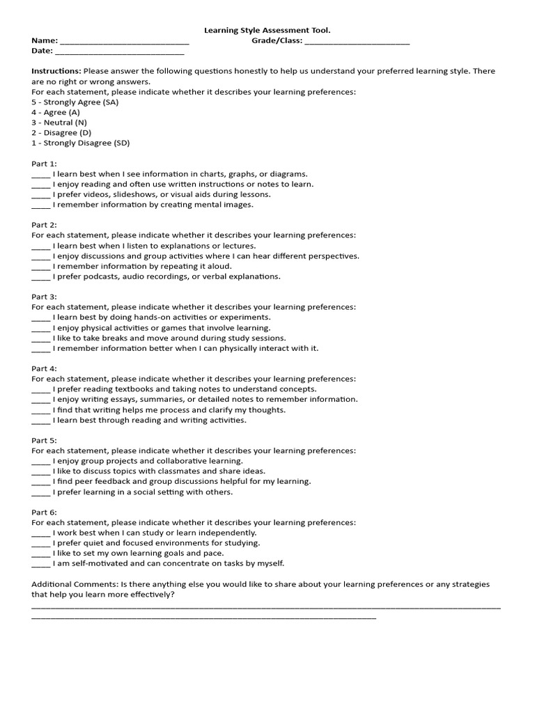 Learning Style Assessment Tool PDF Learning Styles Learning