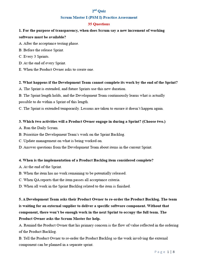 2nd quiz psm i english pdf scrum software development 