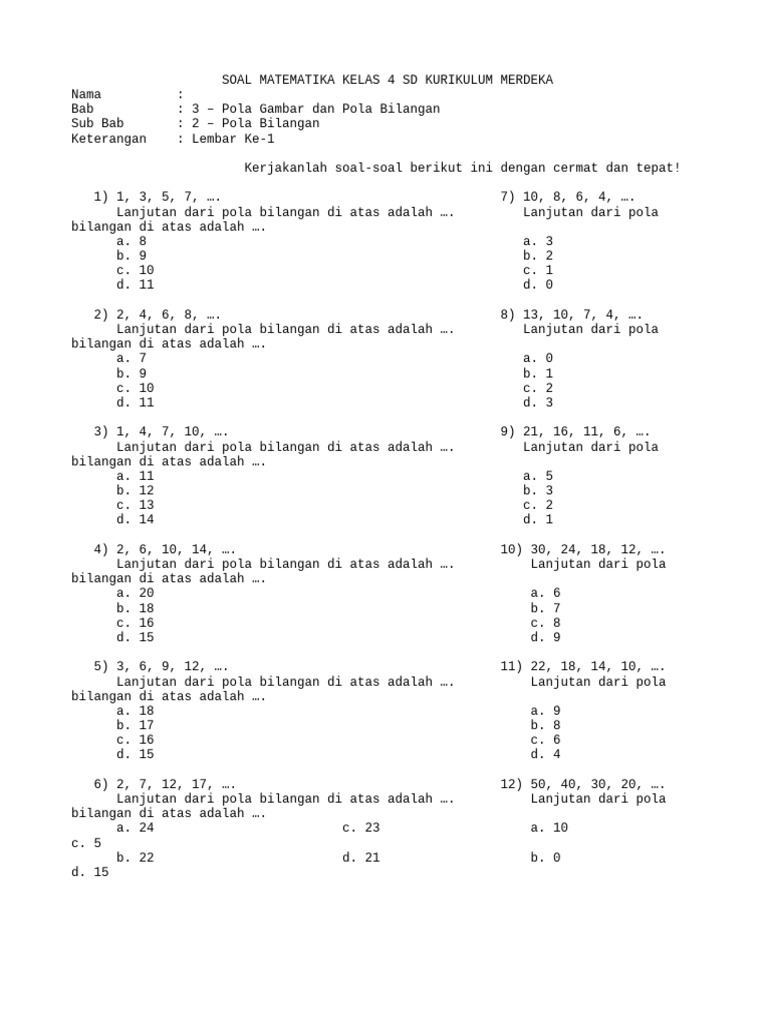 Soal Pola Bilangan Kelas 4 SD | PDF