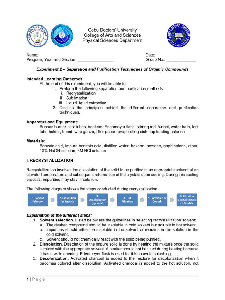Experiment 2 Purification and Separation of Organic Compounds PDF
