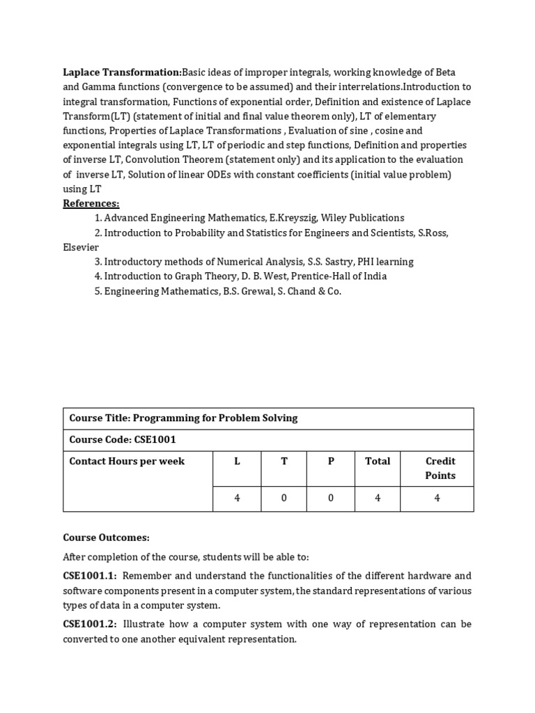 CSE1001 Syllabus | PDF | C (Programming Language) | Pointer (Computer ...