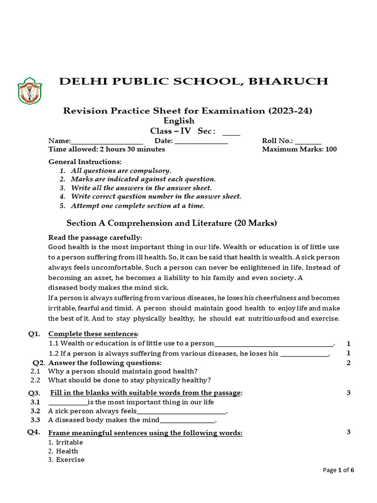 Eng Final Exam Ps Class 4 2 | PDF | Linguistics | Grammar