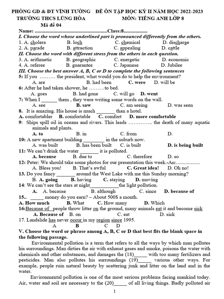 English Exam Review for 8th Grade | PDF | Pollution | Earth Sciences