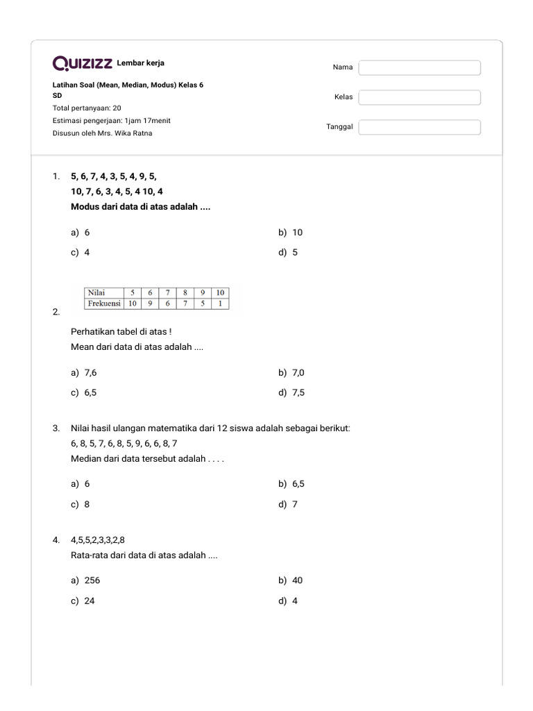 Latihan soal mean median modus kelas 6 sd quizizz pdf