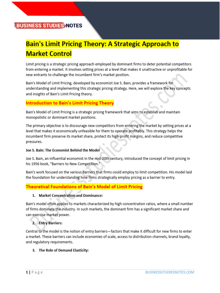 Bain's Limit Pricing Theory Explained | PDF | Pricing | Elasticity ...