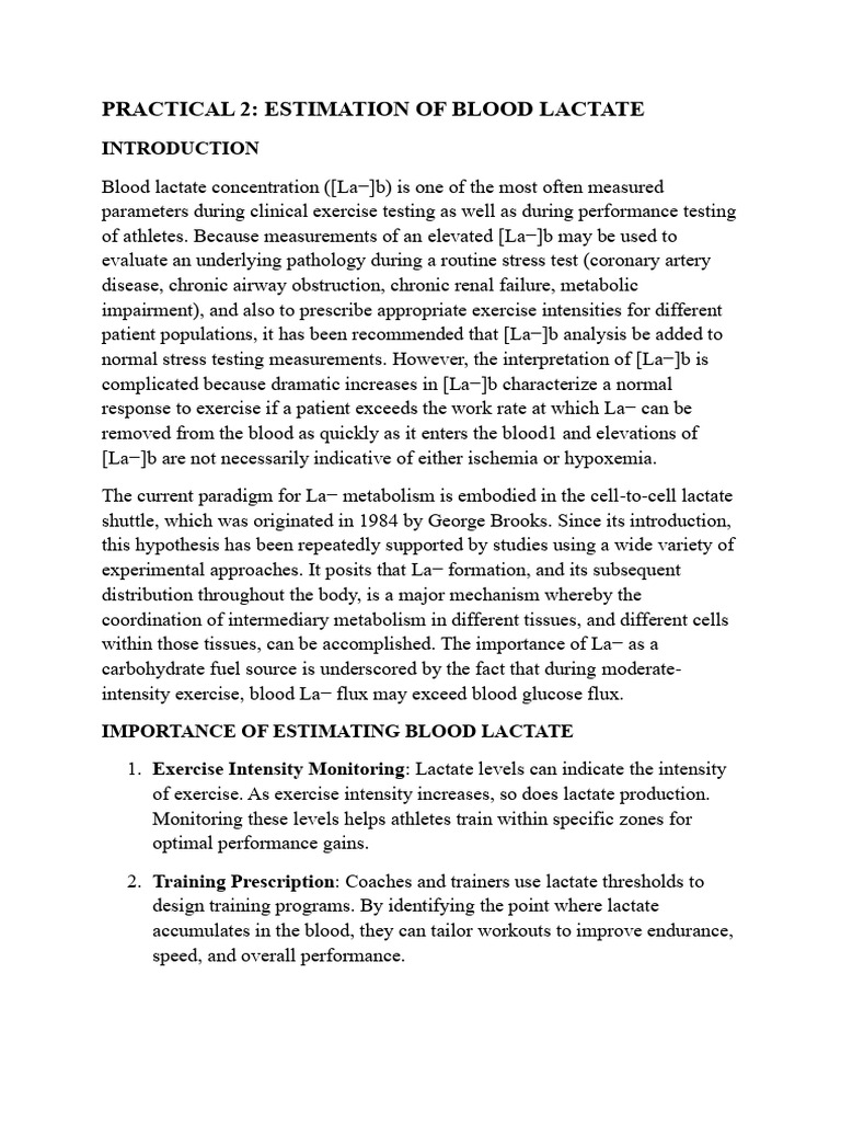 Estimation of Blood Lactate | PDF | Physiology | Medicine