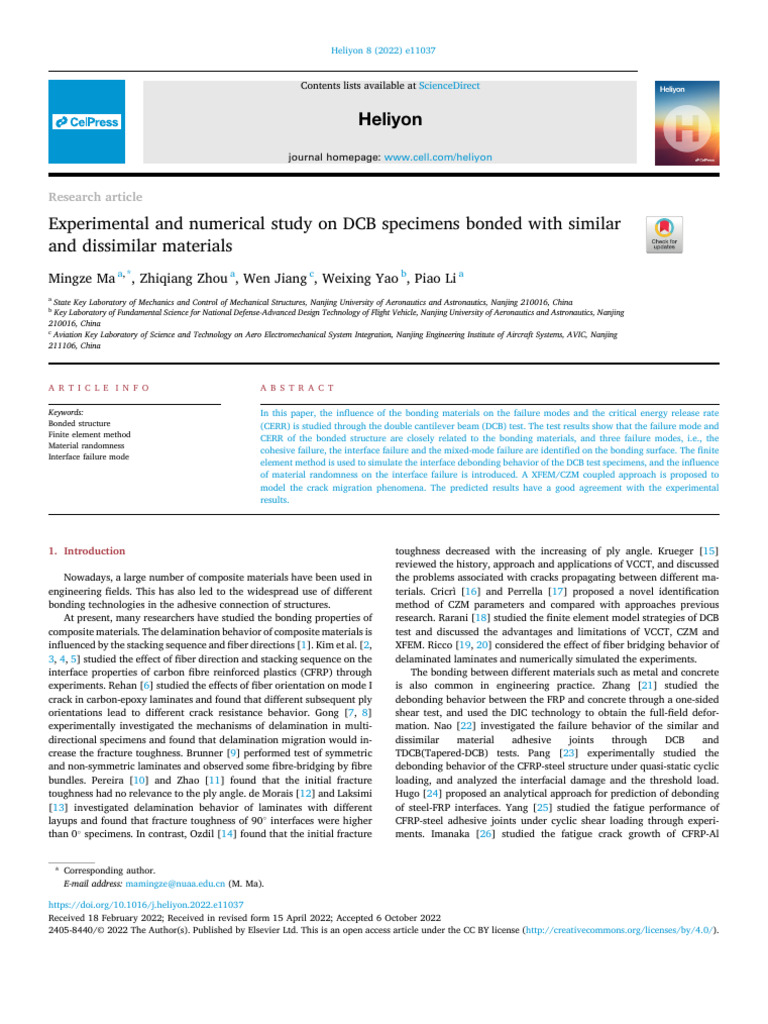 Experimental and Numerical Study On DCB Specimens Bonded With Similar ...