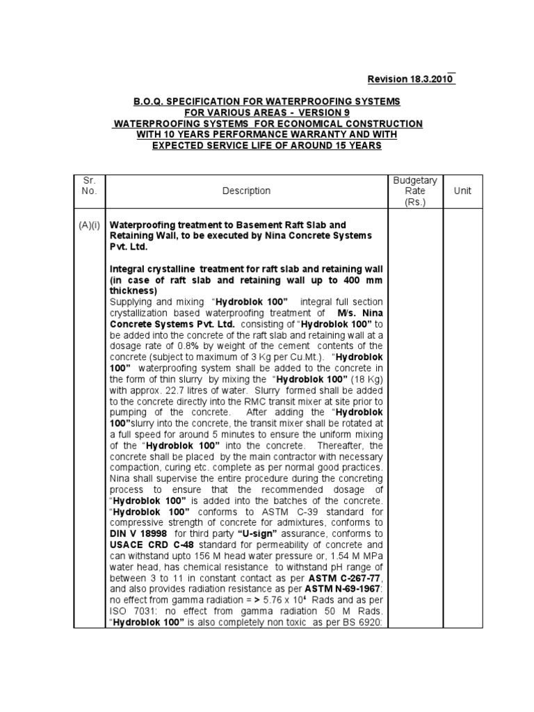 Waterproofing Systems B.O.Q. Specification | PDF | Concrete | Mortar ...