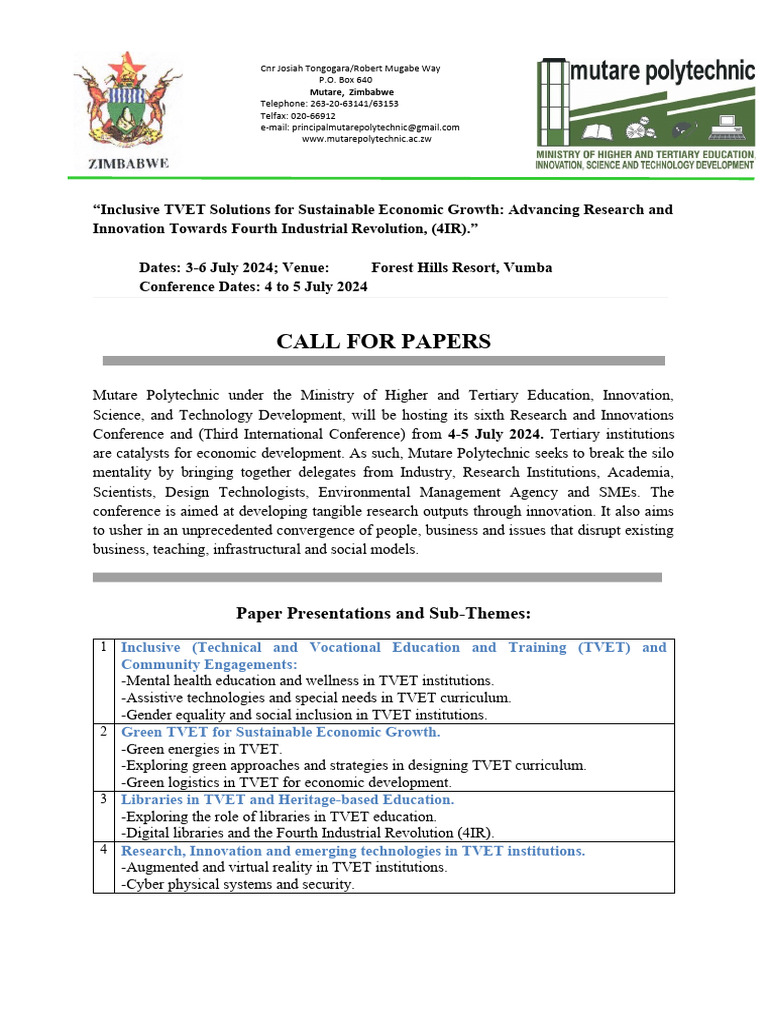 Mutare Polytechnic Research Conference 2024 | PDF | Innovation | Economies