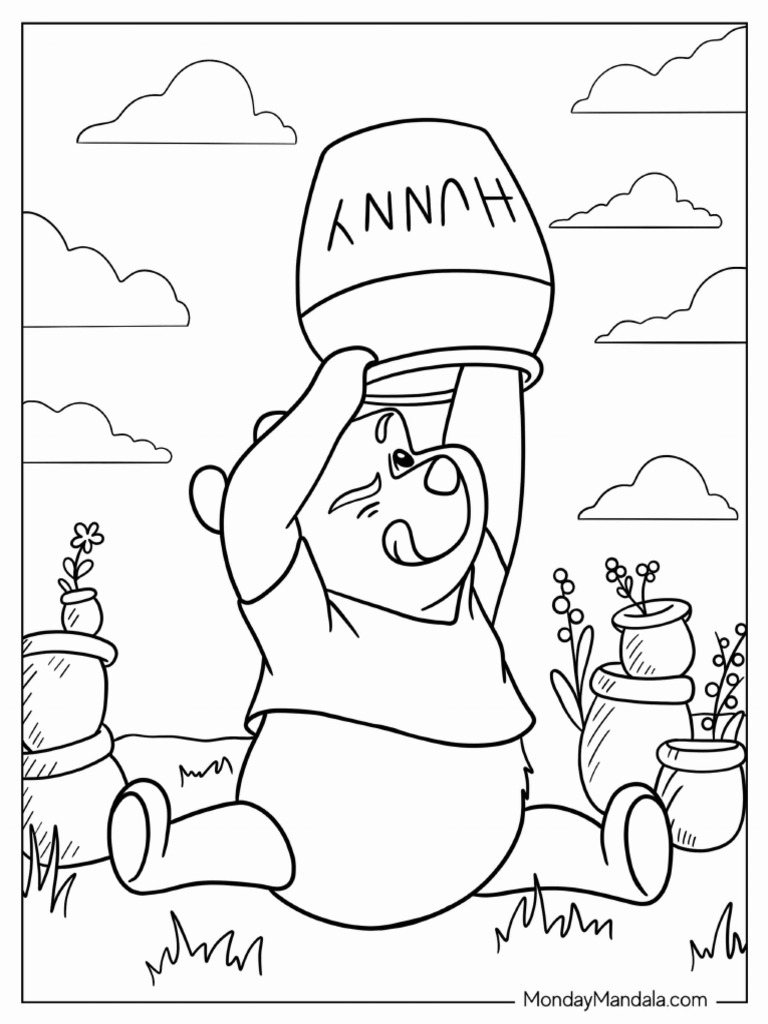 Winnie The Pooh With Honey Jar Cartoon Coloring Sheet | PDF