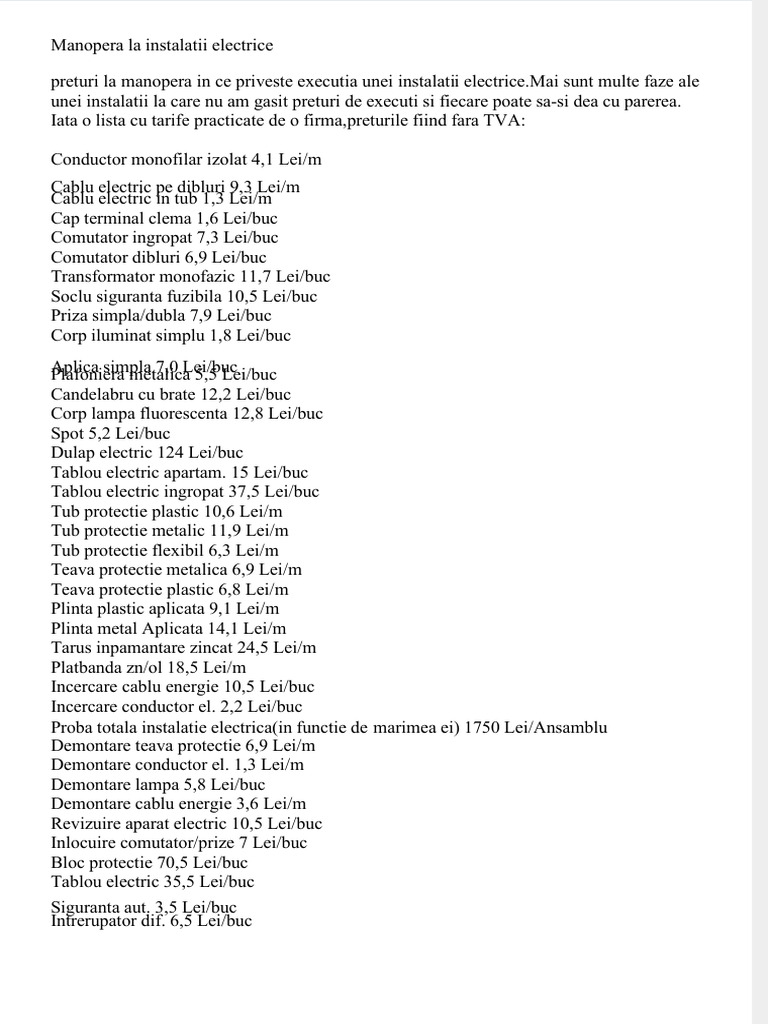 Manopera La Instalatii Electrice | PDF