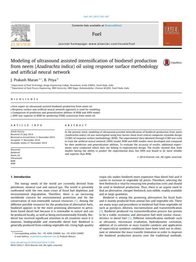 Modeling of Ultrasound Assisted Intensification of Biodiesel Producti ...