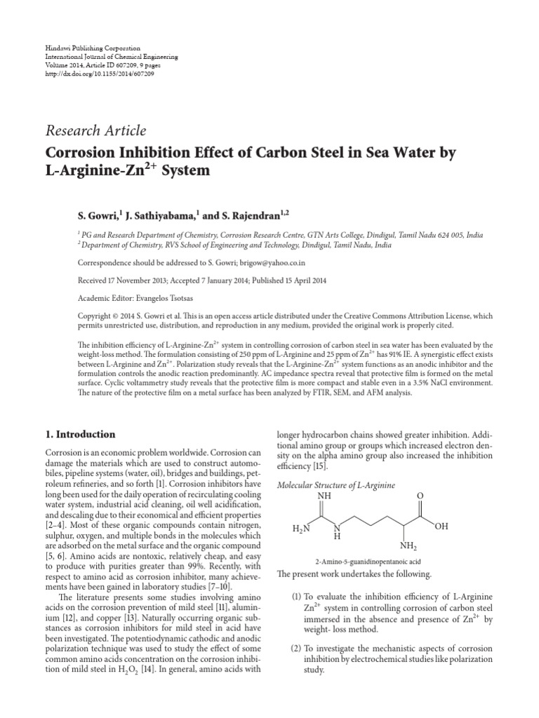 Corrosion Inhibition Effect of Carbon Steel in Sea Water by L-Arginine ...