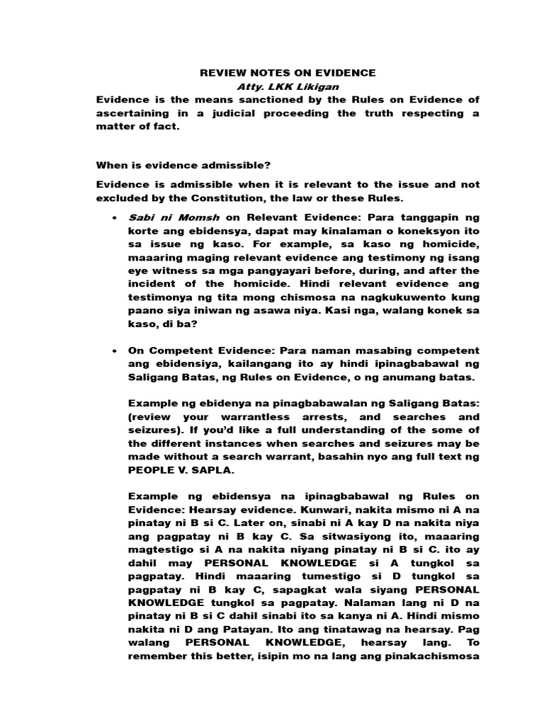 Review Notes in Evidence 5 6 | PDF