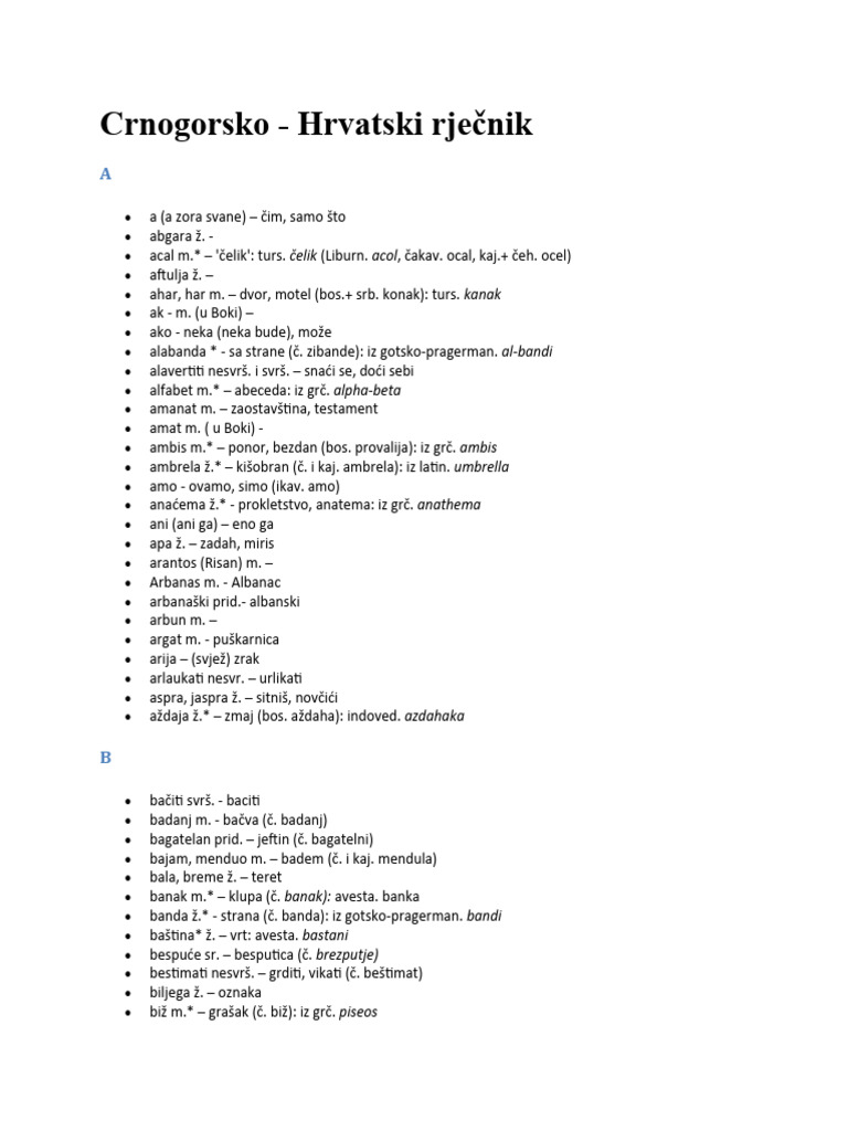 Crnogorsko - Hrvatski Rječnik | PDF