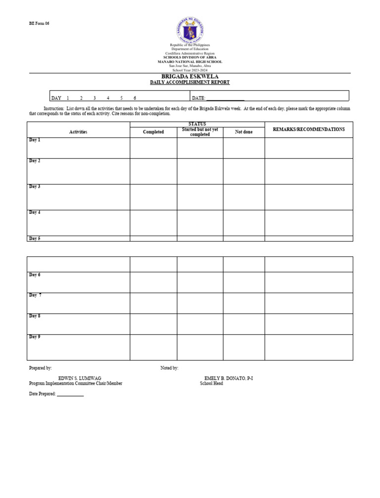 Be form 6 daily accomplishment report pdf
