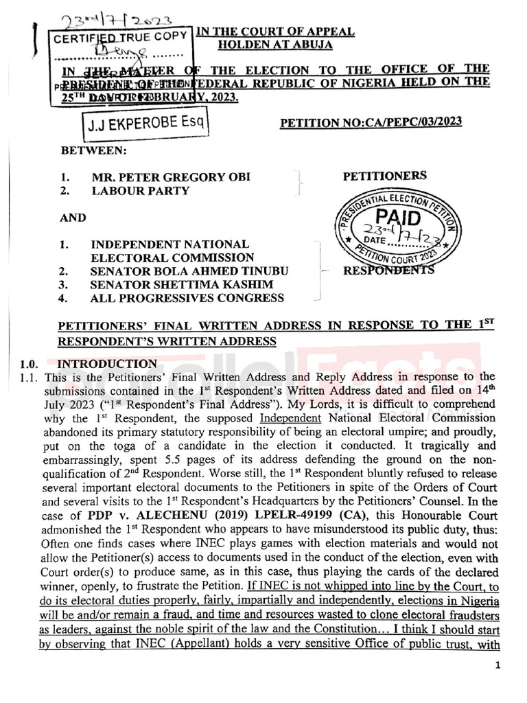 Peter Obi Pet Final Written Address To Inec Parallel Facts PDF 1 | PDF