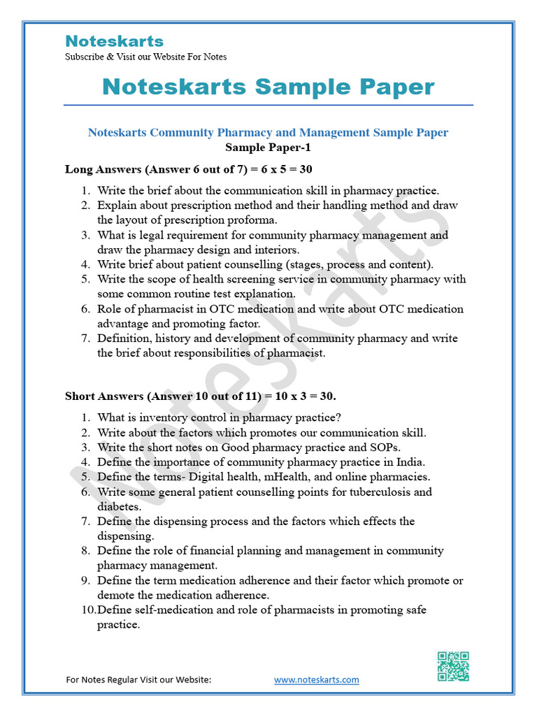 SP 1 Community Pharmacy Management Sample Paper PDF Noteskarts | PDF