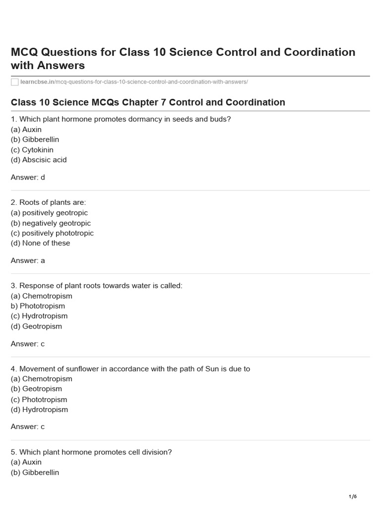 Learncbse inmCQ Questions For Class 10 Science Control and Coordination With Answers PDF