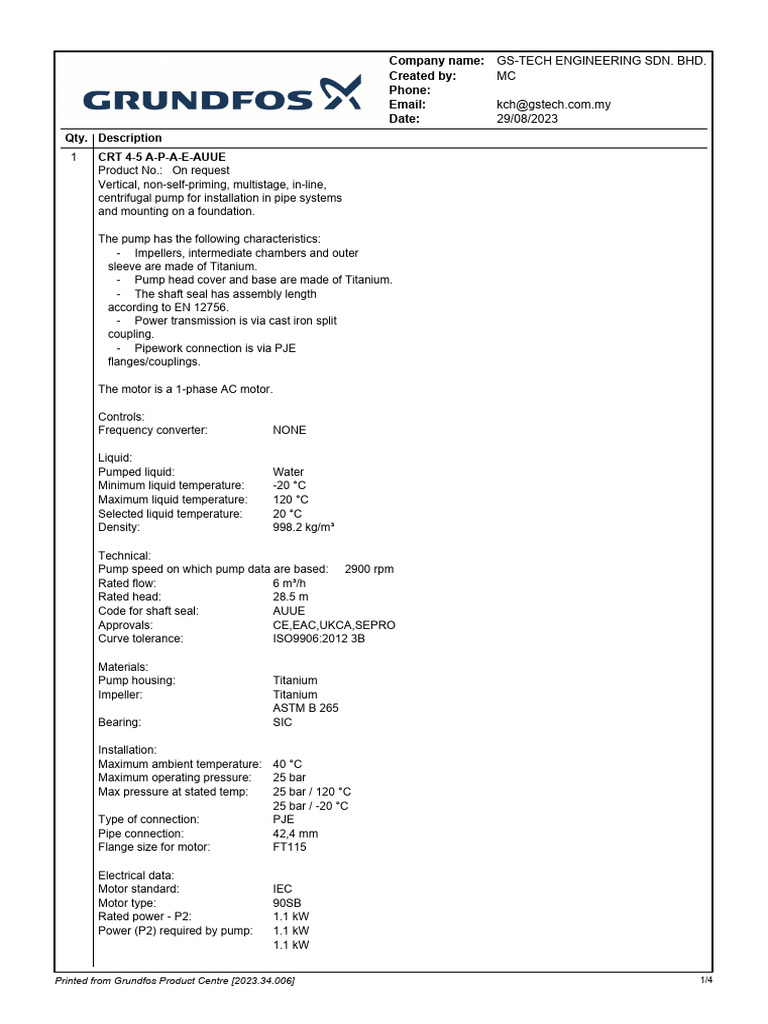 Grundfos CRT 4-5 Pump Specifications | PDF | Pump | Electric Motor