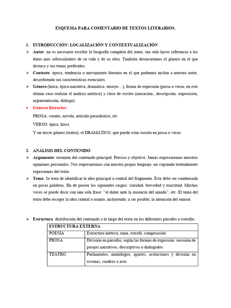 Esquema para Comentario de Textos Literarios. | PDF | Narración | Prosa