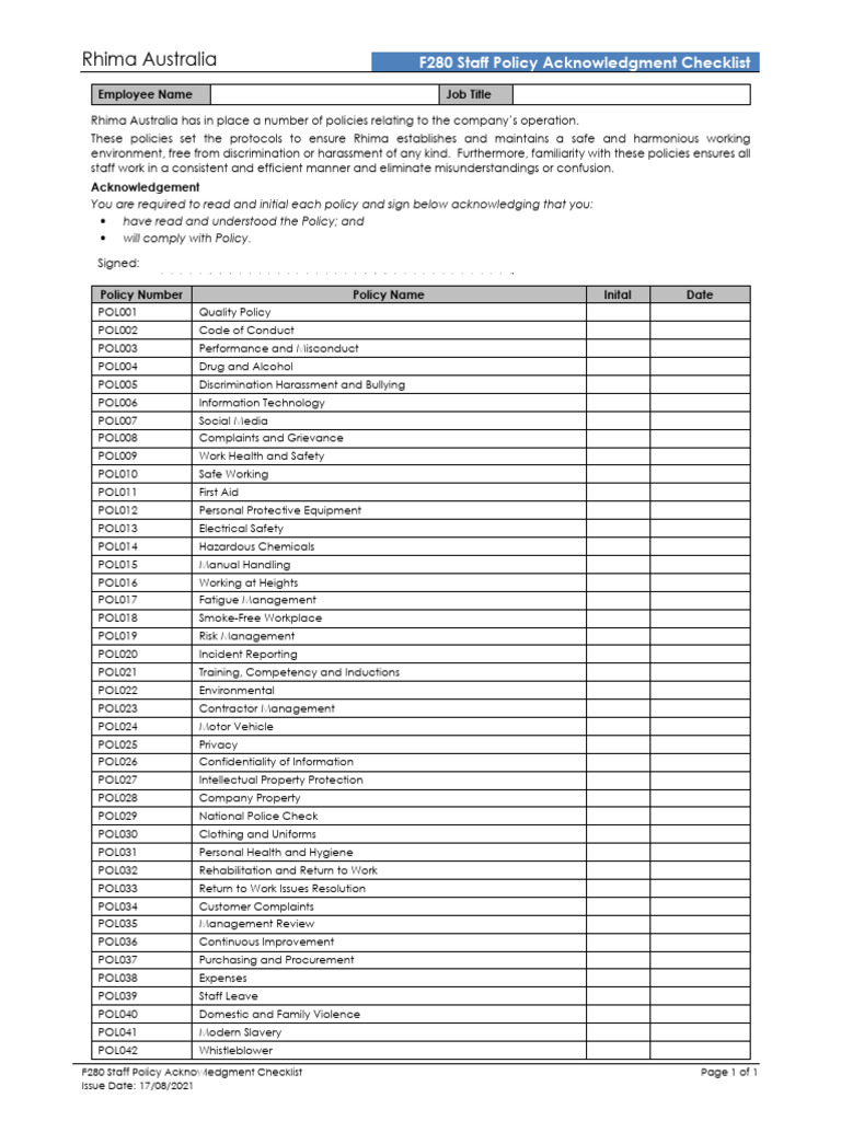 F280 Staff Policy Acknowledgment Checklist | Download Free PDF ...