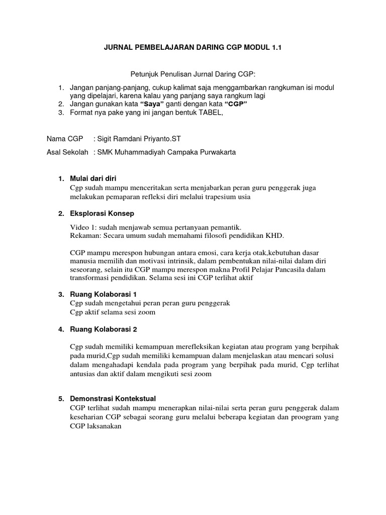 Jurnal Pembelajaran Daring CGP Modul 1.1 | PDF