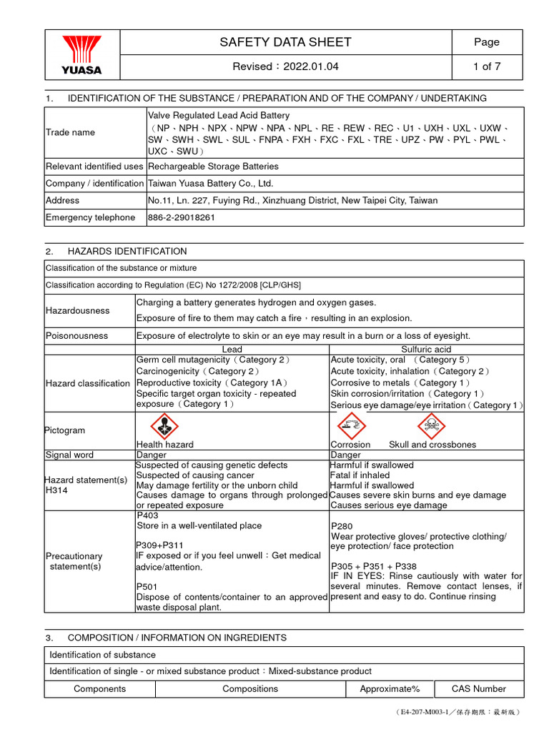 20220104 Yuasa Battery MSDS001 VRLA BatterySDS (UN2800) 2022.01.04