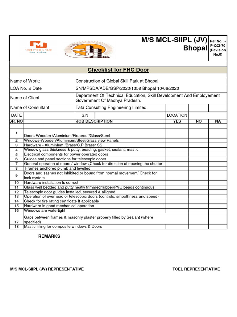 FHC Door Inspection Checklist | PDF | Door | Architectural Design