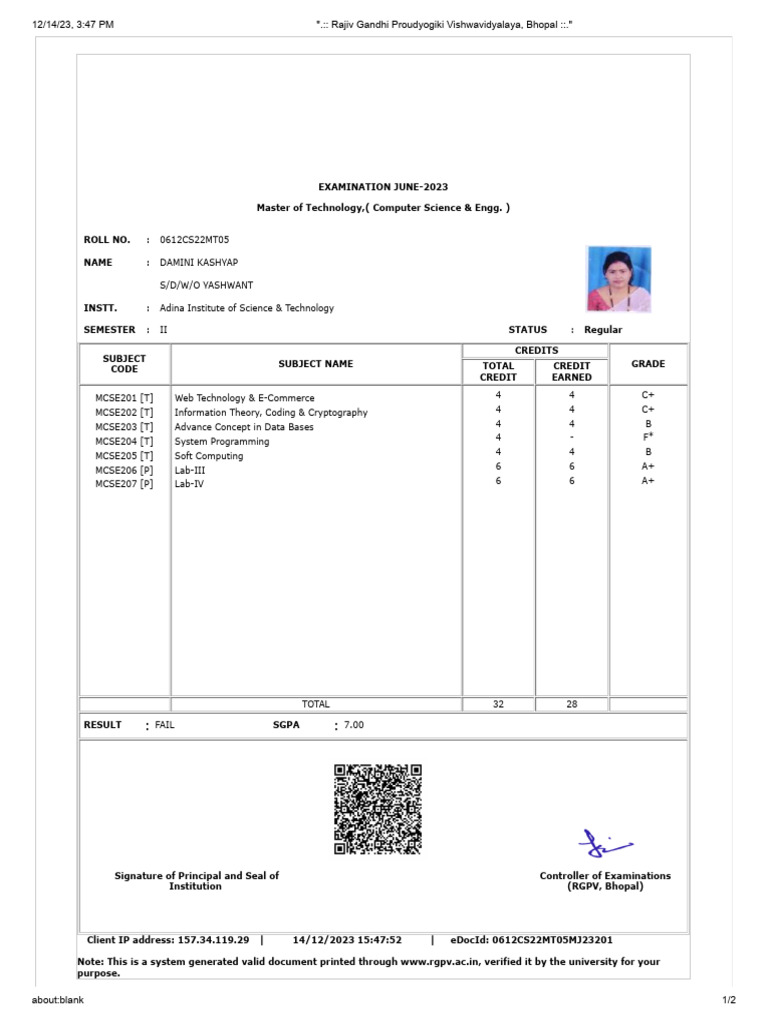 Damini Kashyap RGPV Marksheet 2023 | PDF | Computing | Computer Science