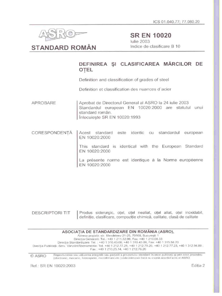 En 10020 - 2003 - Ro-Clasificare Oteluri | PDF